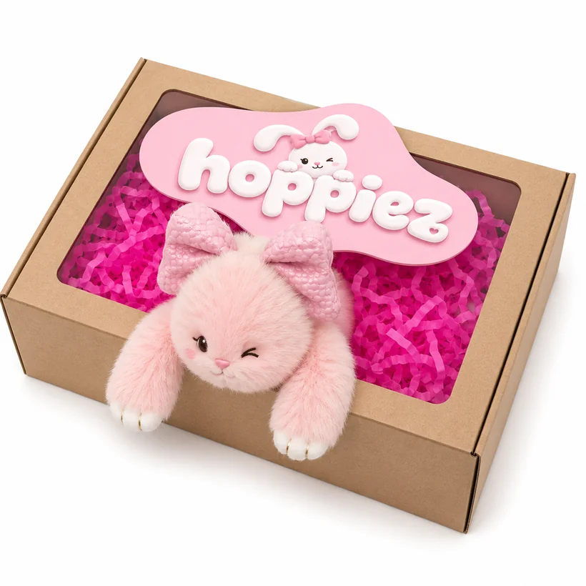 Hoppiez mystery box with one surprise bunny peeking out